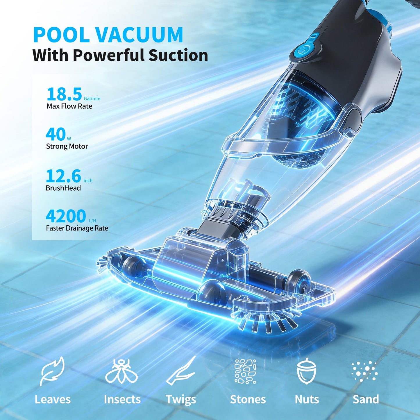 Youhou 2026 Upgraded Pool Vacuum,Pool Vacuum for Above Ground Pool,Cordless Handheld Pool Vacuum for Inground Pools,Pool Cleaner with 18.5 GPM Suction,Hot Tub Vacuum With Aluminum Pole for Sand&Debris