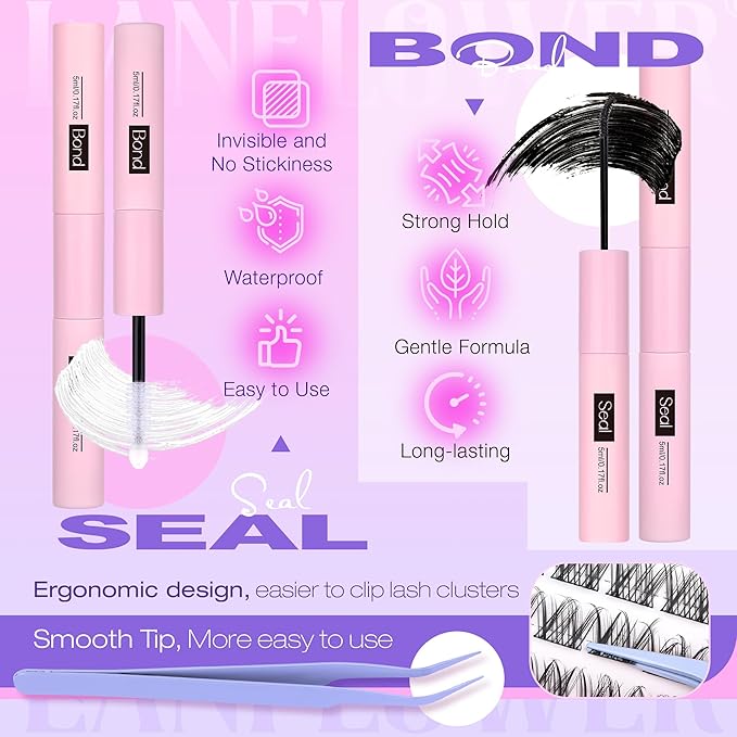 Natural Lash Clusters Kit Wispy Lash Extension Kit C Curved Eyelash Clusters Kit Natural Cluster Eyelash Extensions Kit 8-16mm Individual Lashes with Lash Bond and Seal Lash Tweezers by Lanflower
