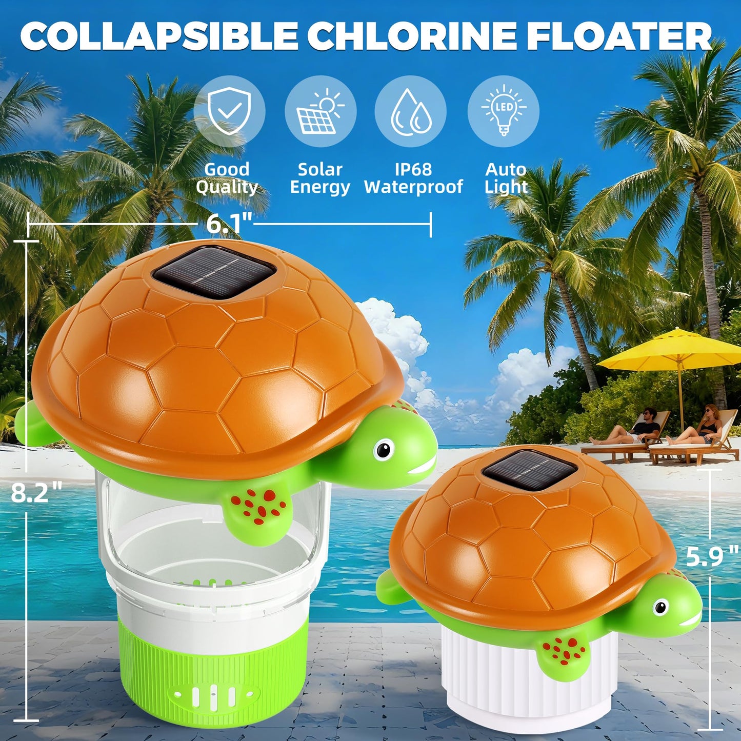 Chsuiwe Pool Chlorine Floater with Light, Turtle Solar Chlorines Floaters with Adjustable Release, Chlorine Floater for 4 * 3'' Disks, Easy Opening Floating Pool chlorines Dispenser for Swimming Pool