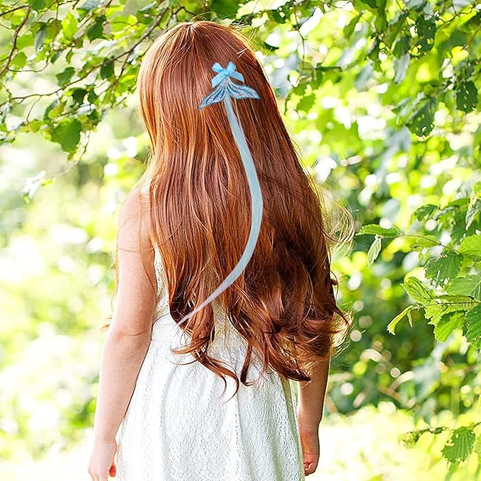 7 Pieces Hair Clips for Girls, Bow Curly Hair Extensions for Kids, Straight Little Girl Hair Clips Accessories for Ponytails Princess Dress-Up