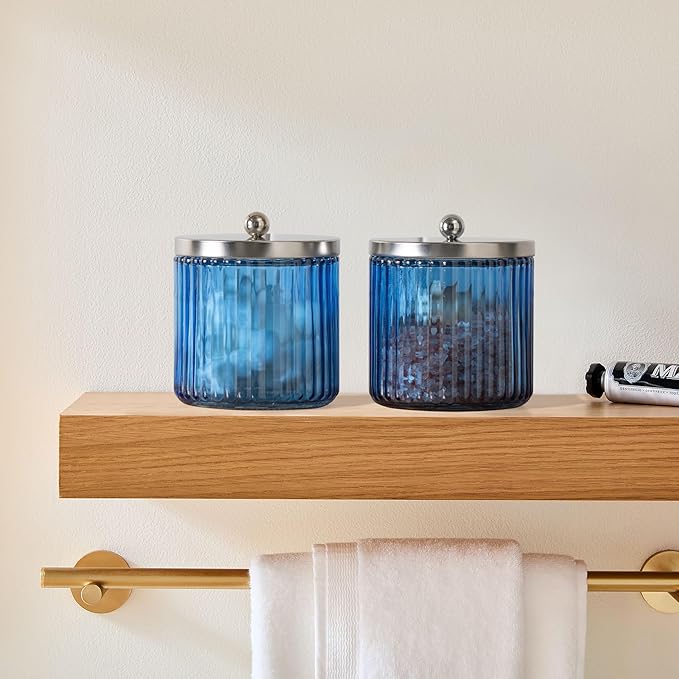 KMwares 2-Pack Glass Bathroom Jars - Blue Stripes Glass with Lids Cotton Ball, Q-Tip, Swab, and Floss Holder - Modern Organizer for Bathroom, Vanity Decorative Countertop Storage (Cobalt Blue)