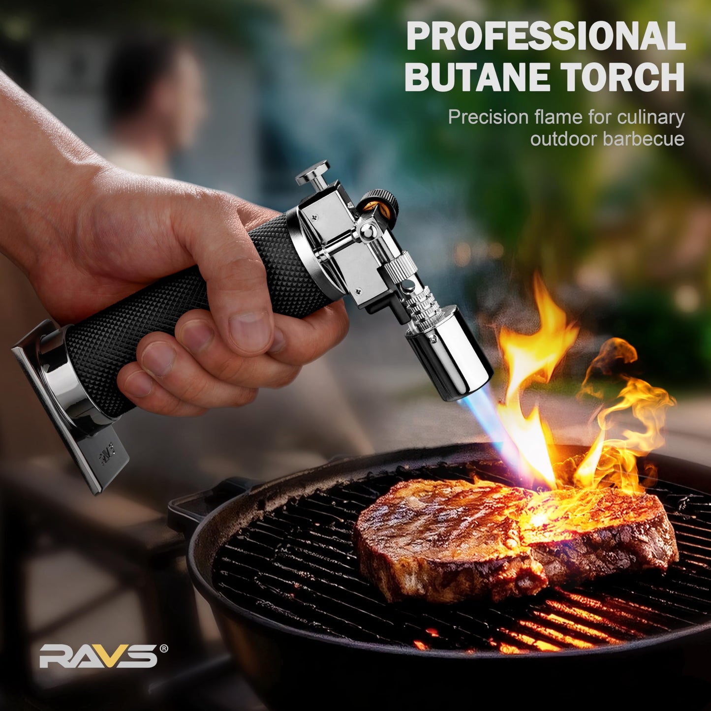 RAVS Butane Torch Lighter, Refillable Butane Kitchen Torch with Safety Lock and Adjustable Flame, Creme Brulee Torch for Baking, BBQ, Blow Torch for Cooking, Black, Butane Gas Not Included