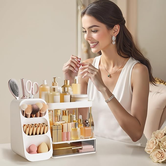 HBlife Bathroom Organizers and Storage with Brush Holder for Vanity, 3 Tier Plastic Makeup Organizer for Dresser Counter, Skincare, Lipstick, Perfume, and Cosmetic Storage