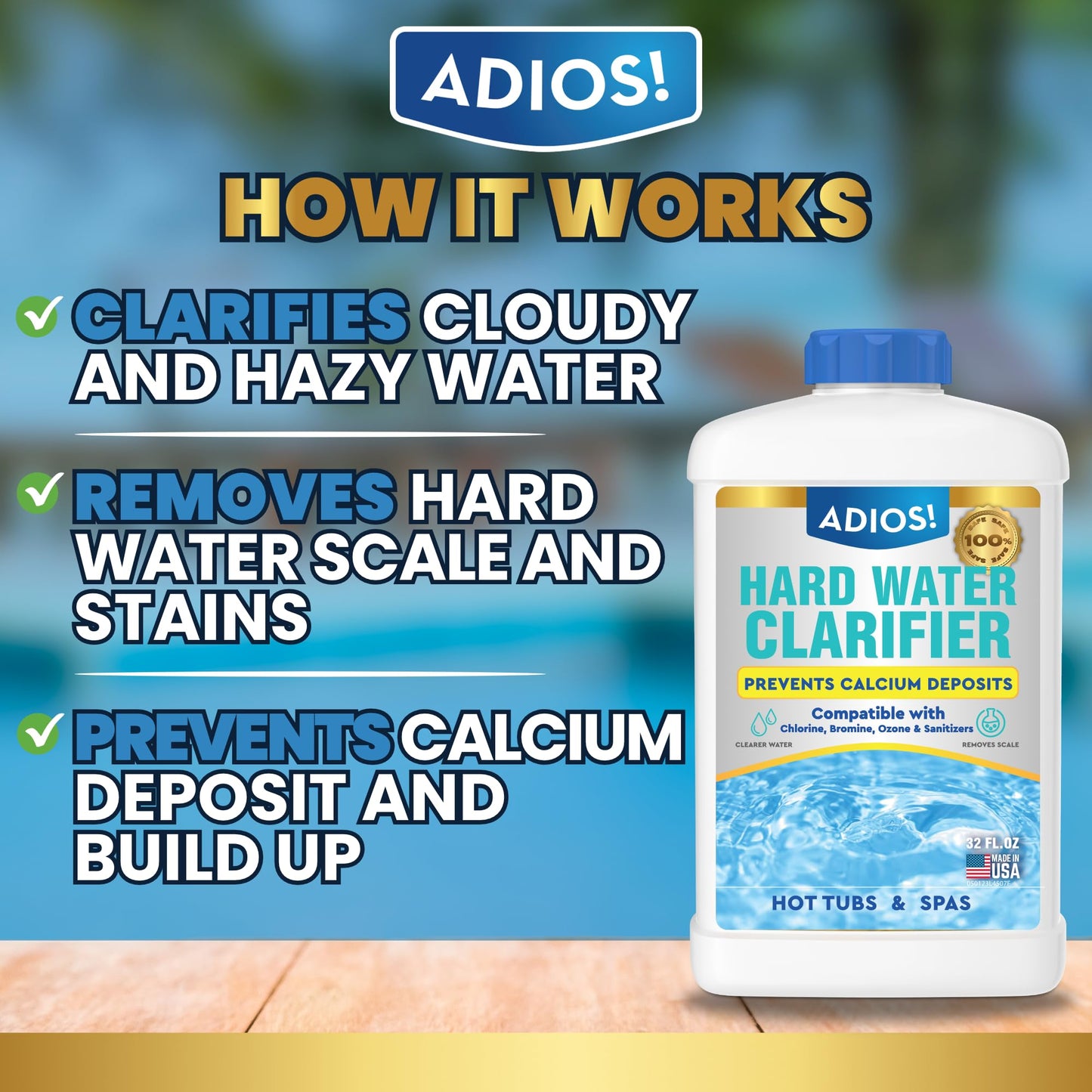ADIOS! Hot Tub Hard Water Calcium Remover with Scale and Stain Clarifier, Soften Treat and Reduce Spa Deposits - 16oz (Pint)