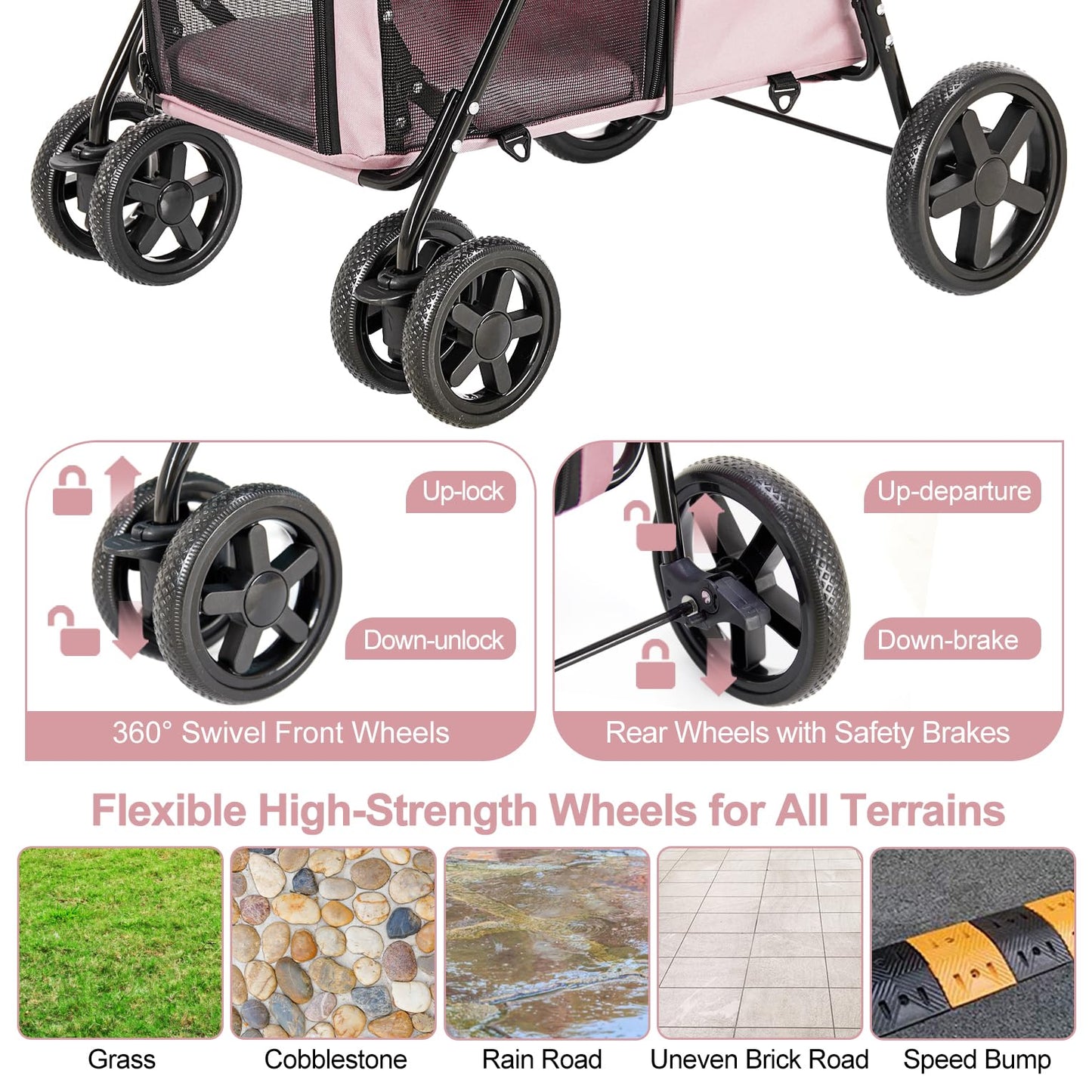 LPOTIUS Double Pet Stroller for Dogs and Cats with 2 Detachable Carrier, Quick-Folding Dog Stroller for Medium Small Dogs Cats, 4 Wheels, Light Pink