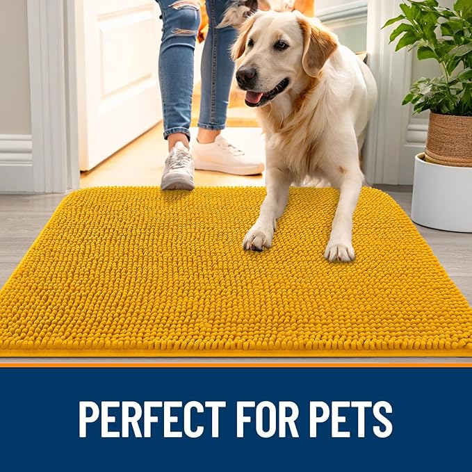 OLANLY Dog Door Mat for Muddy Paws 70x24, Absorbs Moisture and Dirt, Absorbent Non-Slip Washable Doormat, Quick Dry Chenille Mud Mat, Entry Indoor Entryway Carpet for Inside Floor, Golden Yellow