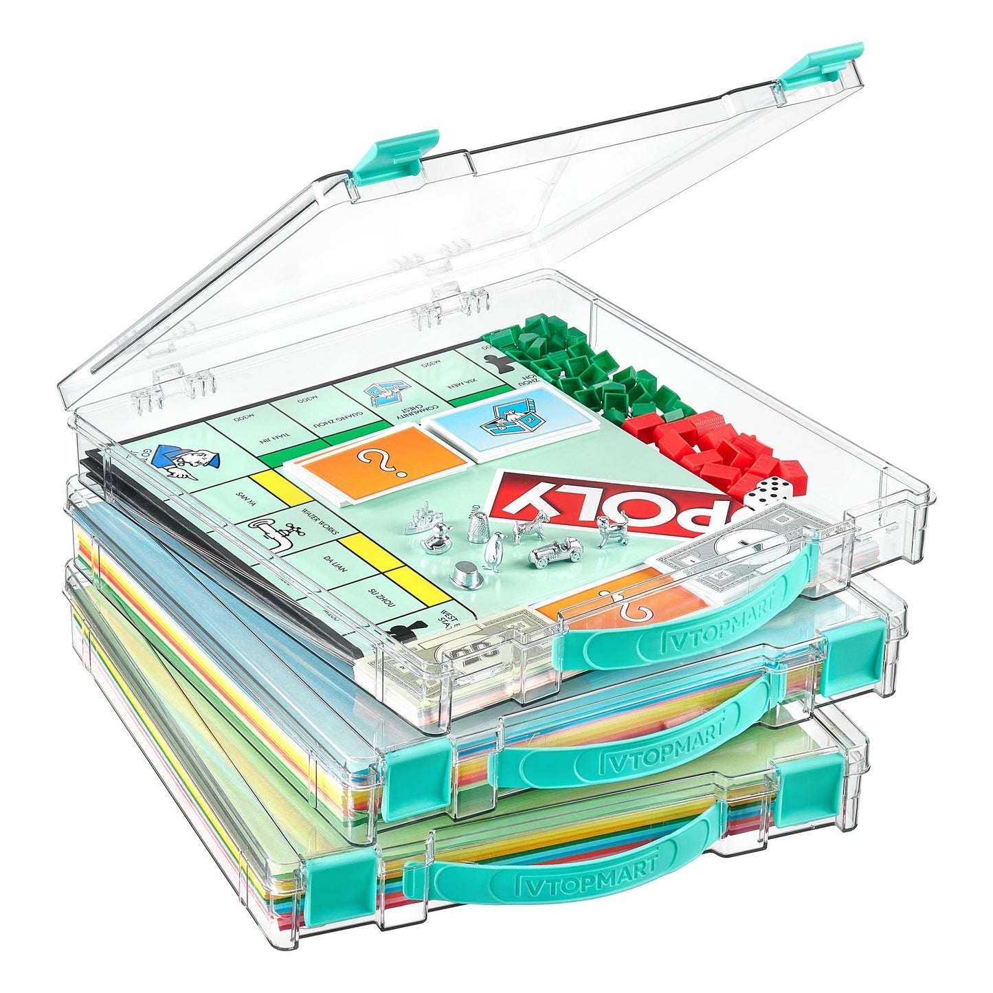 Vtopmart 3 Pack Board Game Storage with Handle and Snap-Tight Latch Lid, Craft Organizer Box Fit 12" x 12" Papers, Stackable Clear Storage Box for Art Supply Storage, Paper Storage, Puzzle Storage