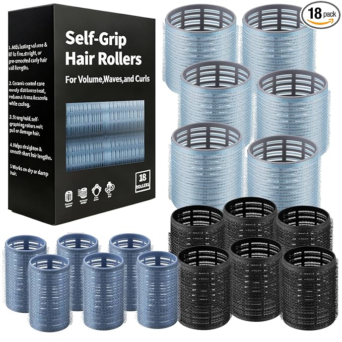 18 pcs Heatless Self Grip Hair Rollers,Large Curlers for Long Medium Short Hair,No Heat Hair Curlers to Sleep In,Salon Hairdressing Curlers for Women Blowout Look,3 Sizes Hair Rollers