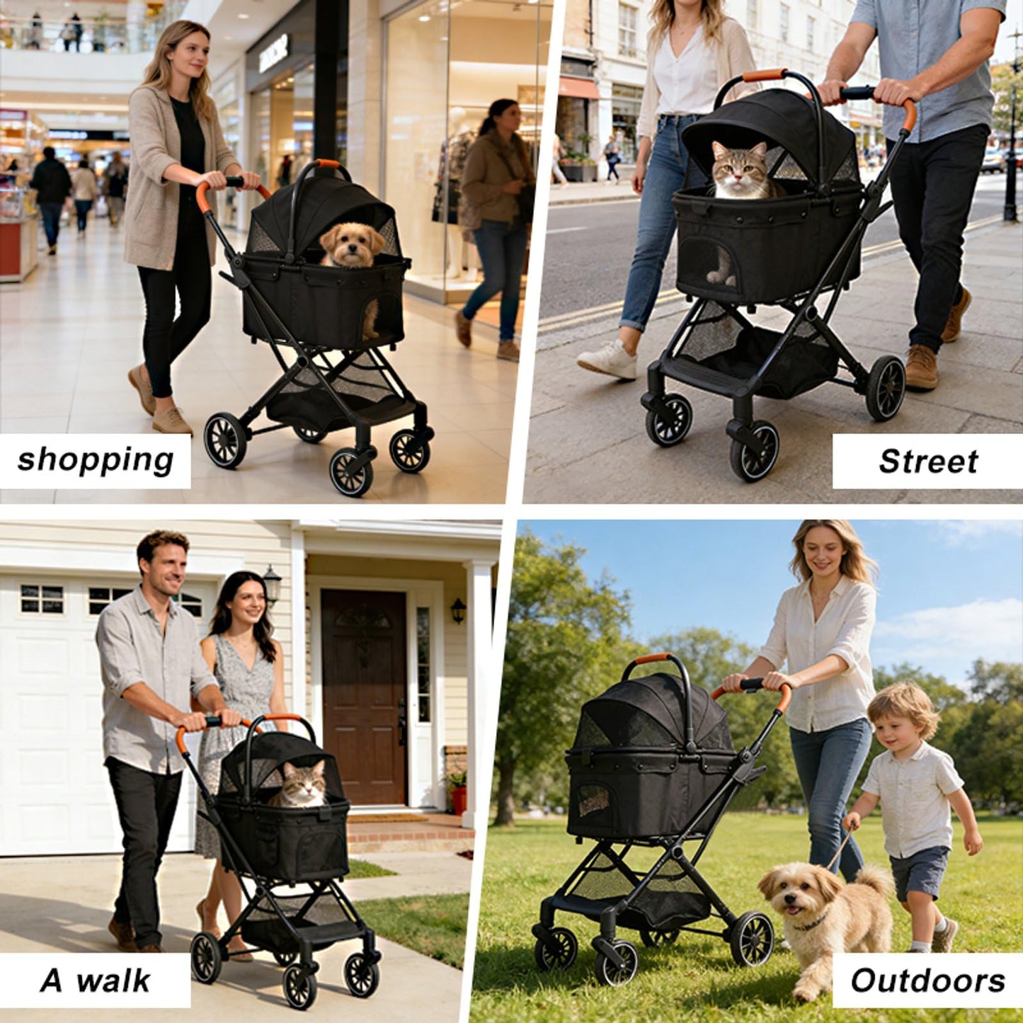 VRHOT Pet Stroller for Small Dogs and Cats, Detachable Dog Cat Stroller with All-Terrain Shock Absorbing Wheels, One-Click Foldable Design, Adjustable Canopy (Gray)