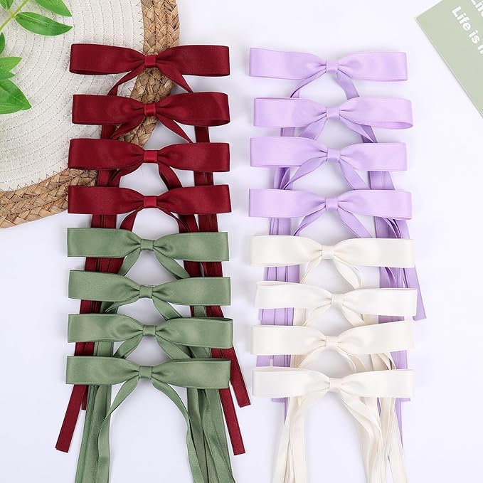 Hair Bows Clips Coquette Ribbon Bowknot with Long Tail Princess Hair Bows French Barrettes Hair Accessories for Women Girls 16PCS (Wine Red, Beige, Green, Purple)
