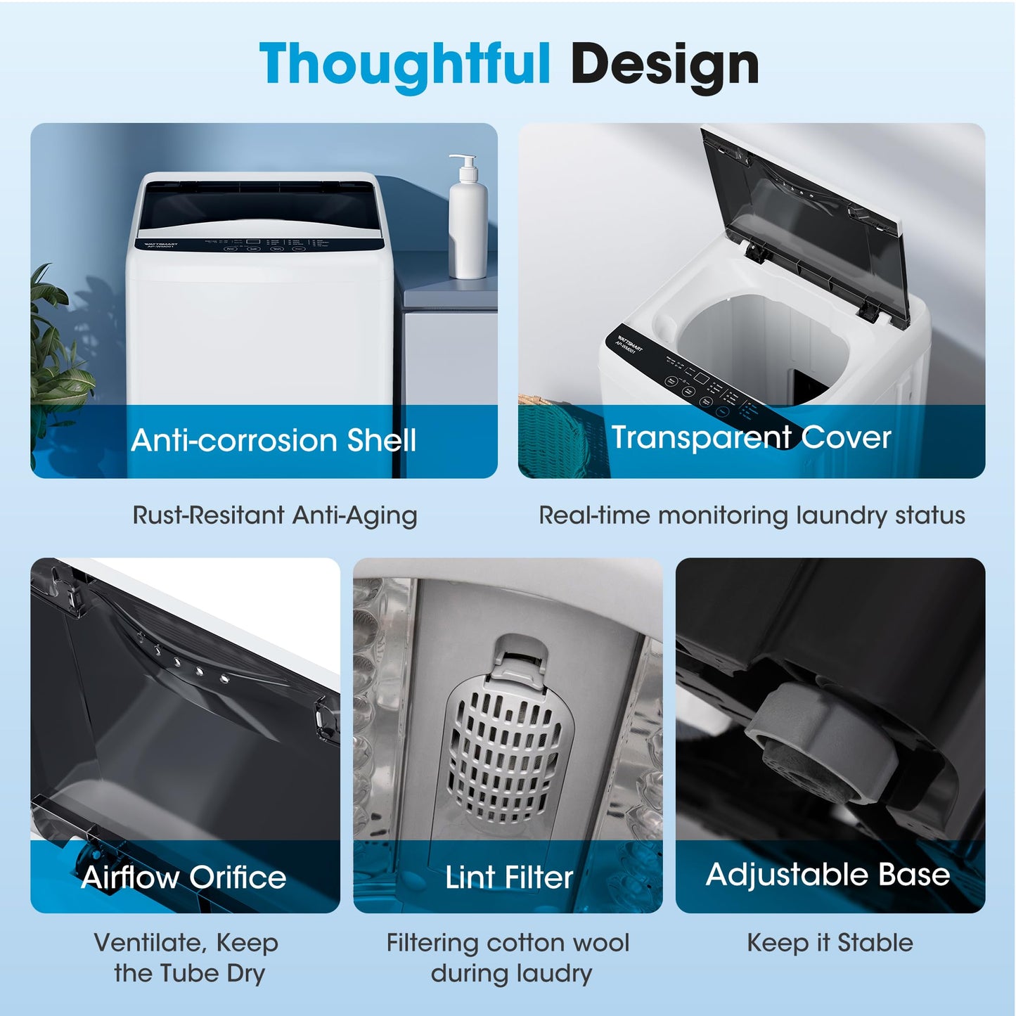 WATTSMART 15.7lbs Portable Washing Machine, Full-Automatic Portable Washer with 10 Wash Cycles, Top Load Clothes Washer with Drain Pump for Apartment Bathroom, Dorms, RVs