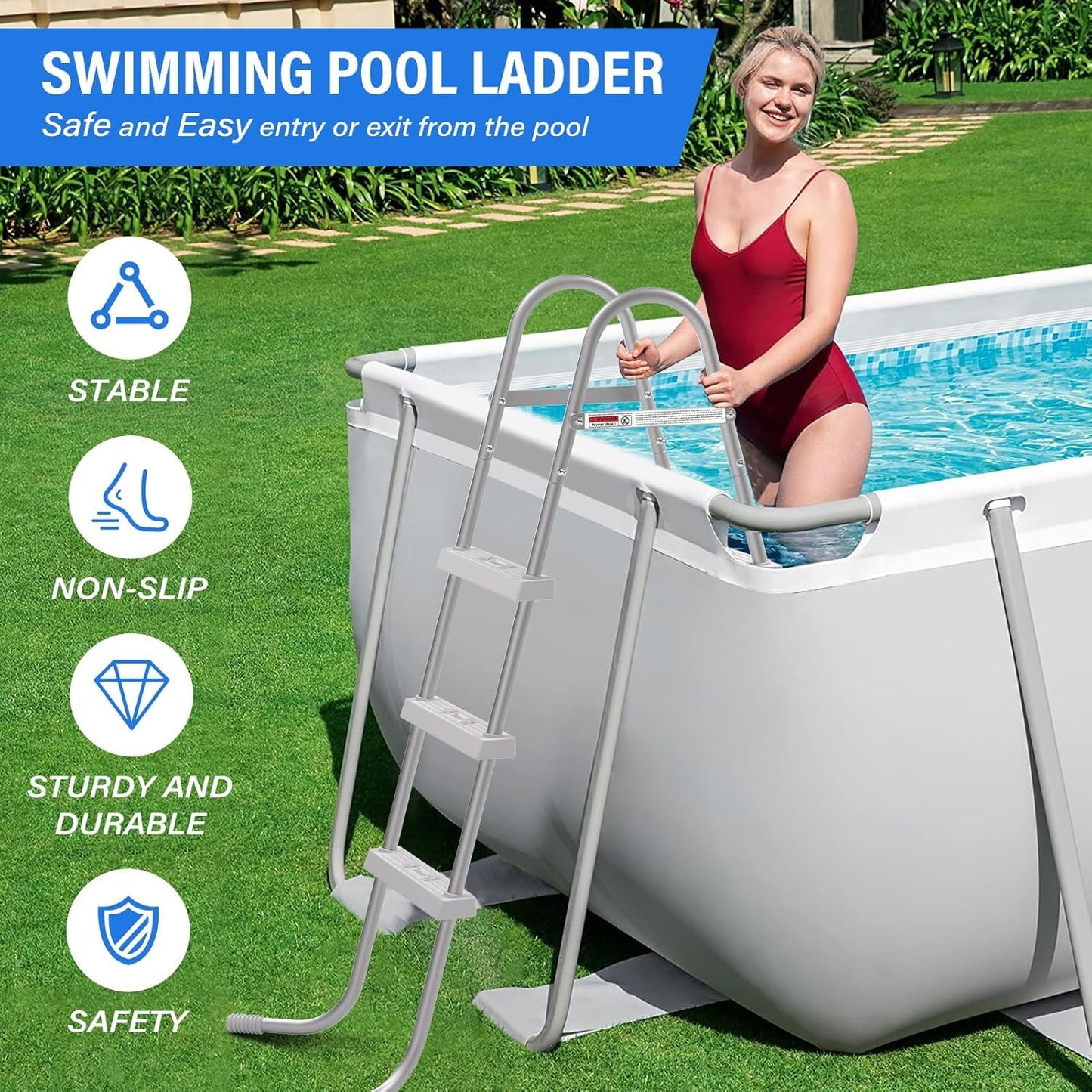 TIXANF 36" 3-Step Steel Frame Above Ground Swimming Pool Ladder,Heavy Duty Double Sided Removable Pool Steps,Pool Ladder Steps with Non-Slip Plastic Steps for Entry and Exit
