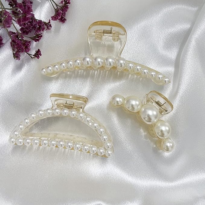 Mehayi 4 PCS Large Pearl Hair Claw Clips for Women Girls, Hair Barrette Clamps for Thick Thin Hair, Fashion Hair Accessories Headwear Styling Tools for Party Wedding