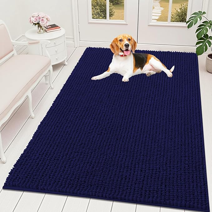OLANLY Dog Door Mat for Muddy Paws 59x35, Ultra Absorbent Chenille Mud Doormat, Non-Slip Washable and Dirt Trapping Doormat for Indoor Entryway, Quick-Dry Indoor Pet Bed Mats for Dogs, Navy Blue