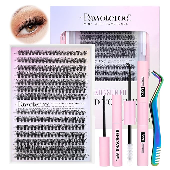 Pawotence Lash Extension Kit DIY 280pcs Individual Lash Clusters Kit 30D 40D Cluster Eyelash Extensions Kit with Bond and Seal, Remover, Tweezers for Self Use (30D&40D, 9-16mm, All Kit)