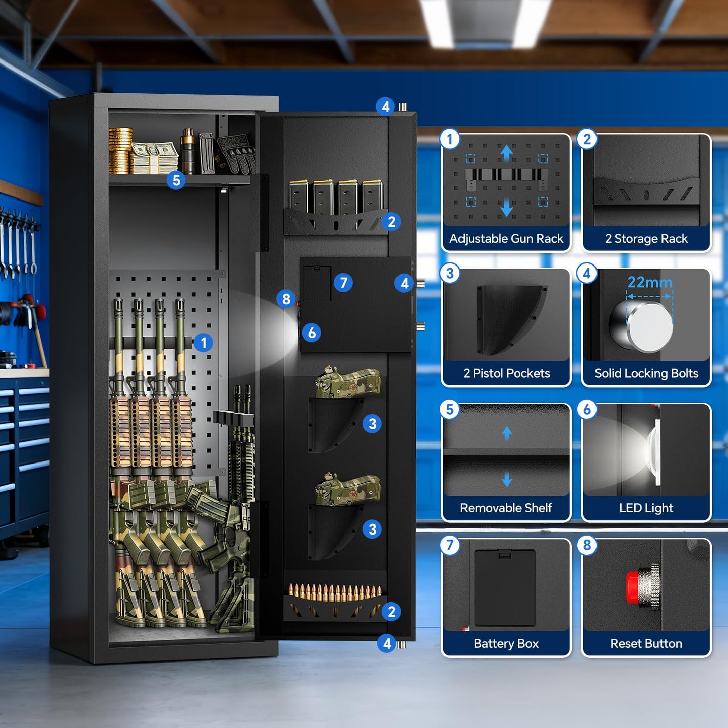MSYCOST 8-10 Gun Rifle Safe for Home Security, Gun Safe for Rifles and Pistols - Quick Access Digital Keypad | Easy Assembly Gun Safe with Adjustable Shelves (Fits Shotguns & Ammo)