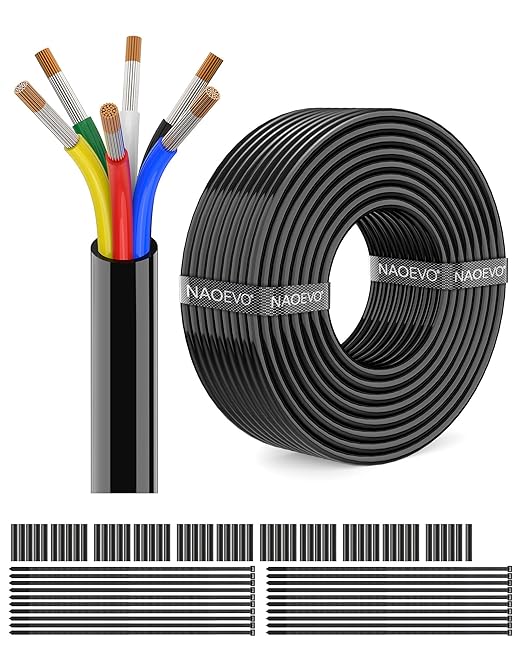 NAOEVO 18 Gauge Wire 6 Conductor Electrical Wire, 18 AWG Stranded PVC Cord, 12V Low Voltage/Tinned Copper/Flexible Cable for Automotive Wiring, Lamp Cord, Marine Cable (100FT)