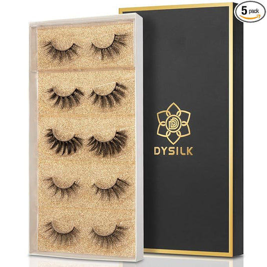 DYSILK Mink Lashes Natural Look - False Eyelashes 5 Pairs 6D Lashes 5 Styles Mixed Lash Pack - Wispy Lashes Fake Eyelashes Soft Reusable Cat Eye Lash | 15mm-18mm