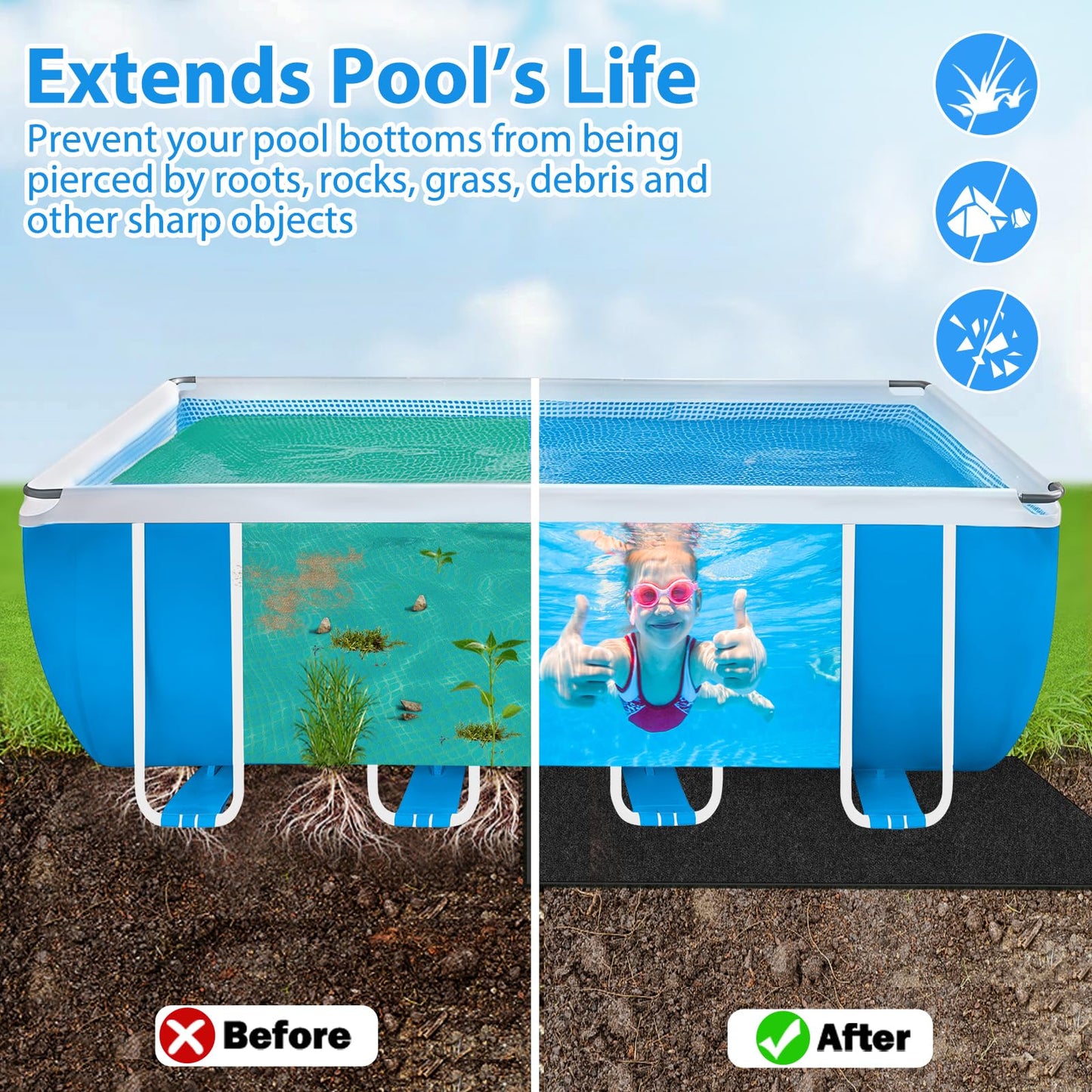 Thickened Pool Liner Pad for Above Ground Pool, 18’x 9’ Rectangle Under Pool Mat Padding, Pool Ground Pad Mat Under Pool for Pool Bottom, Prevent Punctures, Extend Liner Life
