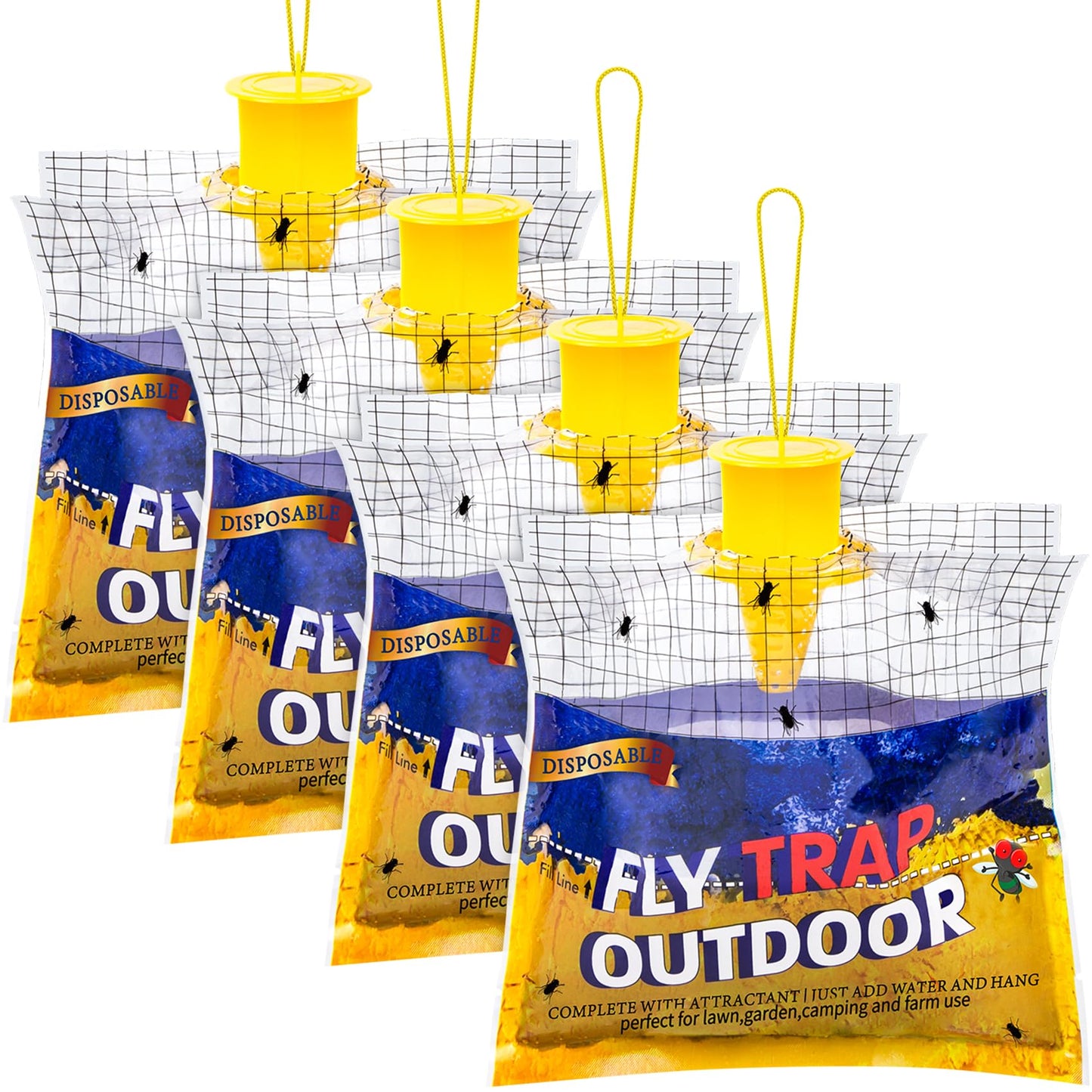 Disposable Fly Traps 4 Pack Bags Outdoor, Flies Catcher Traps with Natural Pre-Bait Refill Repellent, Reusable Stable Horse Ranch Trapper Outdoor Hanging Fly Killer Helps Control Flies