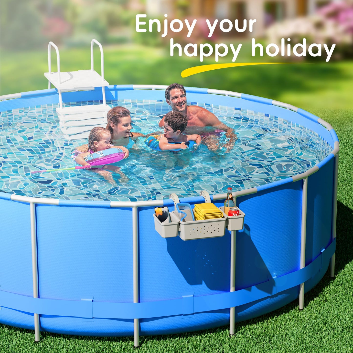 SHAPON 2026 Upgrade Poolside Storage Basket with 2 Cup Holders, Pool Drink Holder Stretchable Organizer for Drinks & Pool Supplies, Perfect Above Ground Pool Accessories for Most Frame Swimming Pools