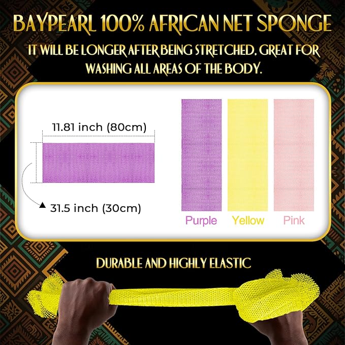 UJFQBH 3 Pieces African Bath Sponge African Net Long Net Bath Sponge Exfoliating Shower Body Scrubber Back Scrubber Skin Smoother,Great for Daily Use (Pink,Yellow,Purple)
