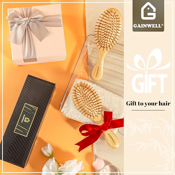 GAINWELL Hair Brush for Hair Growth, Bamboo Bristles Detangling Wooden Paddle Hair Brush for Massaging Scalp, All Hair Types Women Men Kids, Ergonomic Handle, Pointed Bristle