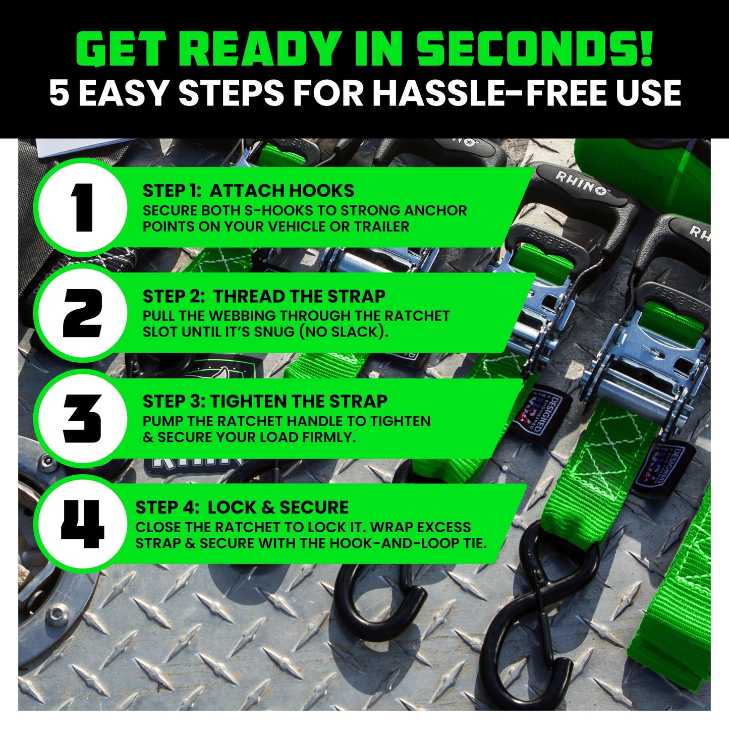 Rhino USA Ratchet Straps Heavy Duty Kit (4-Pack) - 1.6 Inch x 8 Feet Min Break Strength (5,000) - Ultimate Tie Down Straps with Safety S Hooks for Trucks, ATV, UTV, Motorcycle, Cargo & More - Green