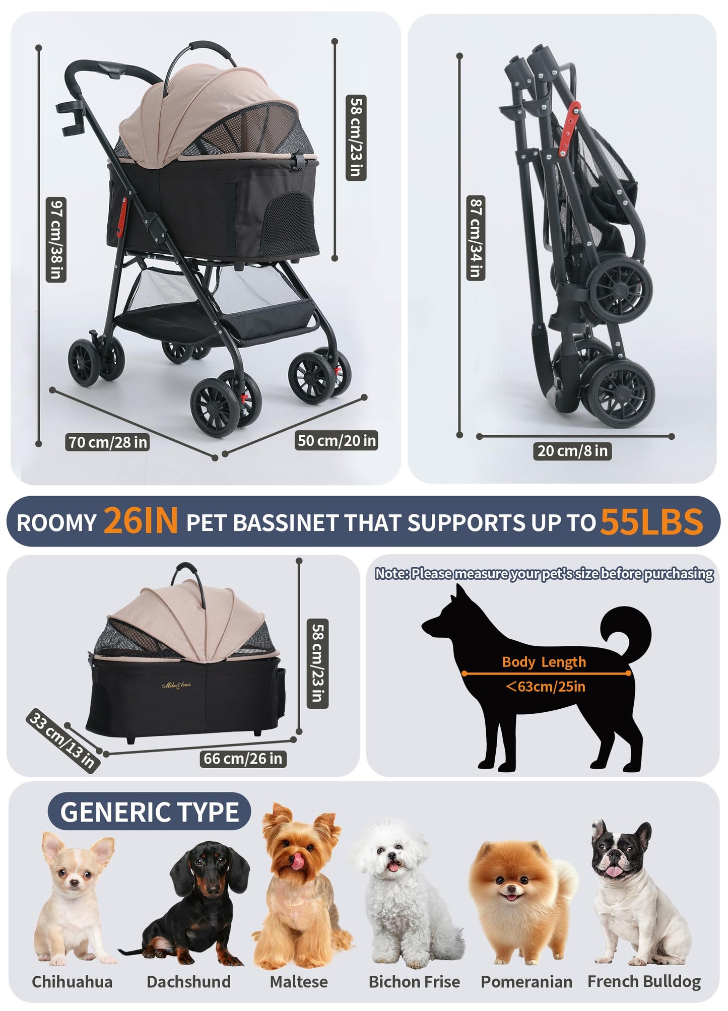 MILA&LOUIS Dog Stroller, 26" Pet Cradle for Medium Dog, Lightweight Foldable Dog Stroller for Multiple Small Pets Durable PU 4-Wheel Dog Strollers, Pet Stroller for Dogs & Cats up to 25Lbs