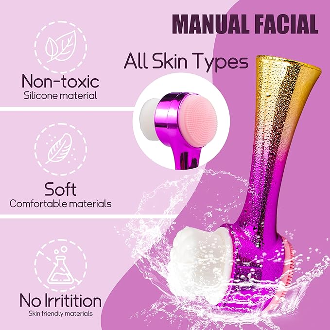 Facial Cleansing Brush 2 in 1Double-Sided Facial Cleaning Brush with Soft Bristles for Deep Pore Exfoliation, Wash Makeup, Massaging (Gold&Pink 5PCS)