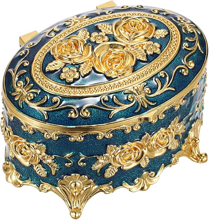Hipiwe Vintage Metal Jewelry Box - Oval Trinket Box Ring Case with Rose Pattern Jewelry Storage Box for Ring Earrings Necklace, Keepsake Box for Women
