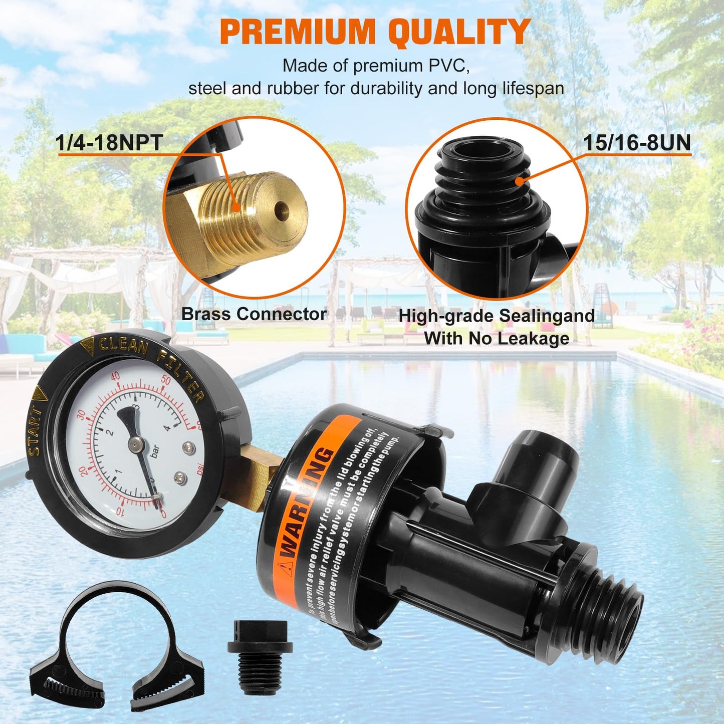 98209800 Manual Air Relief Valve Assembly with Pool Filter Pressure Gauge, Spa Pool Filter Pressure Valve Compatible with Pentair Air Relief Valve Fit for FNS, Clean and Clear, Quad De, 4000 Series