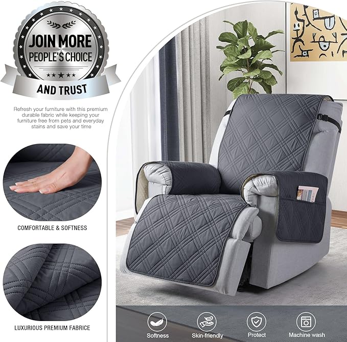 TAOCOCO 100% Waterproof Recliner Chair Cover, Non Slip Oversized Recliner Covers for Recliner Chair with Pocket, Reclining Chair Cover Furniture Protector for Kids, Pets(28'', Dark Grey)
