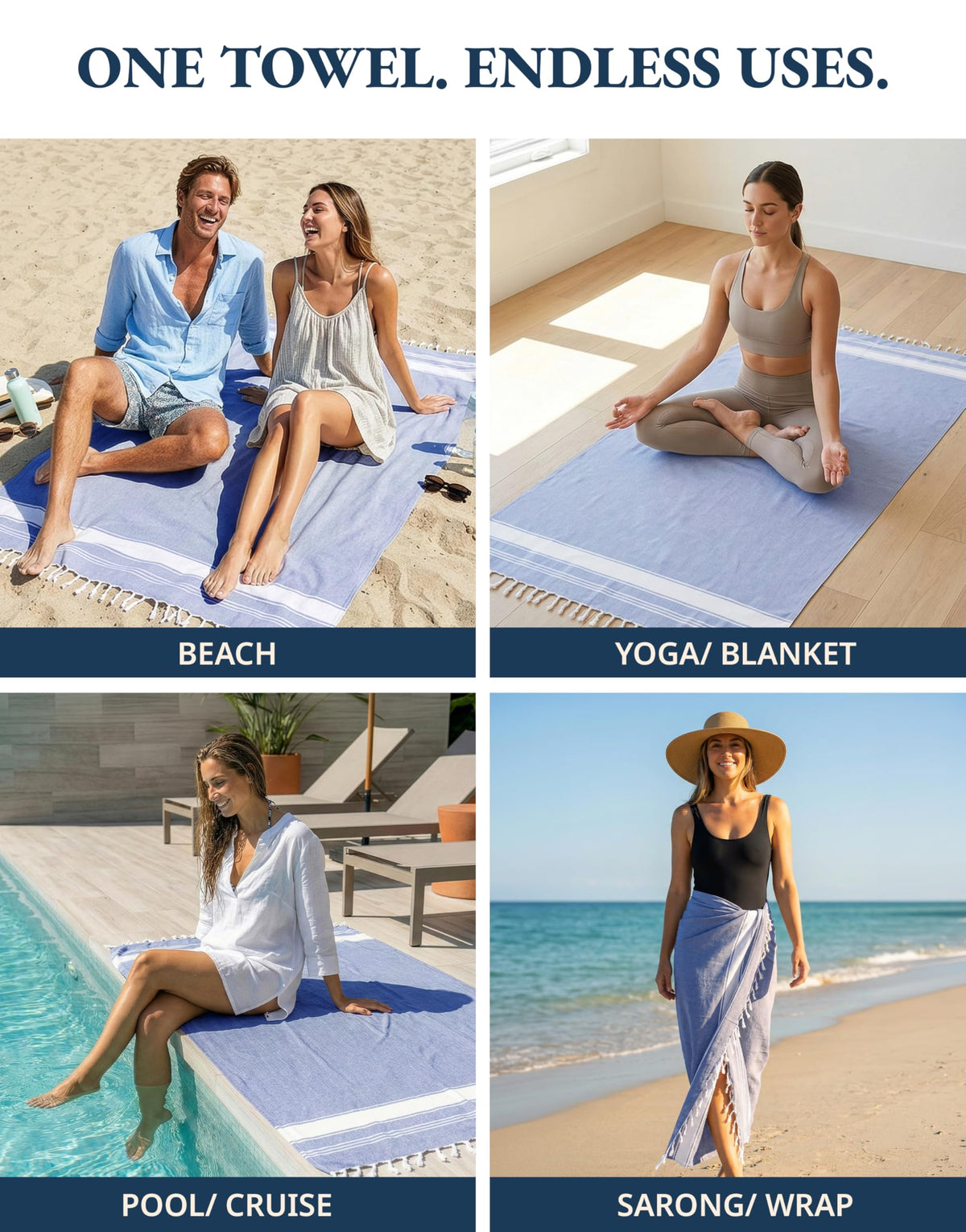 LANE LINEN Turkish Beach Towels, 2 Pack Extra Large Beach Towel, Pre-Washed for Soft Feel, Oversized Sand Free Quick-Dry Pool Towel, Beach Towels for Adults, 39"x71" - Forever Blue