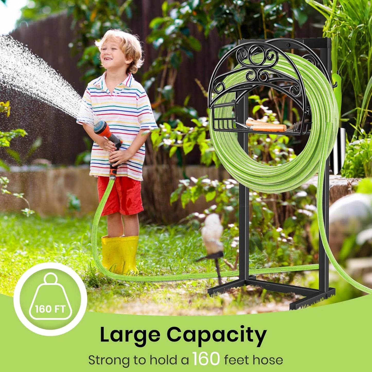 TomCare Garden Hose Holder Upgraded Water Hose Holder Heavy Duty 4 Spikes Hose Hanger Holds 160 Feet Hoses Stable Freestanding Hose Storage Organizer for Outside Yard