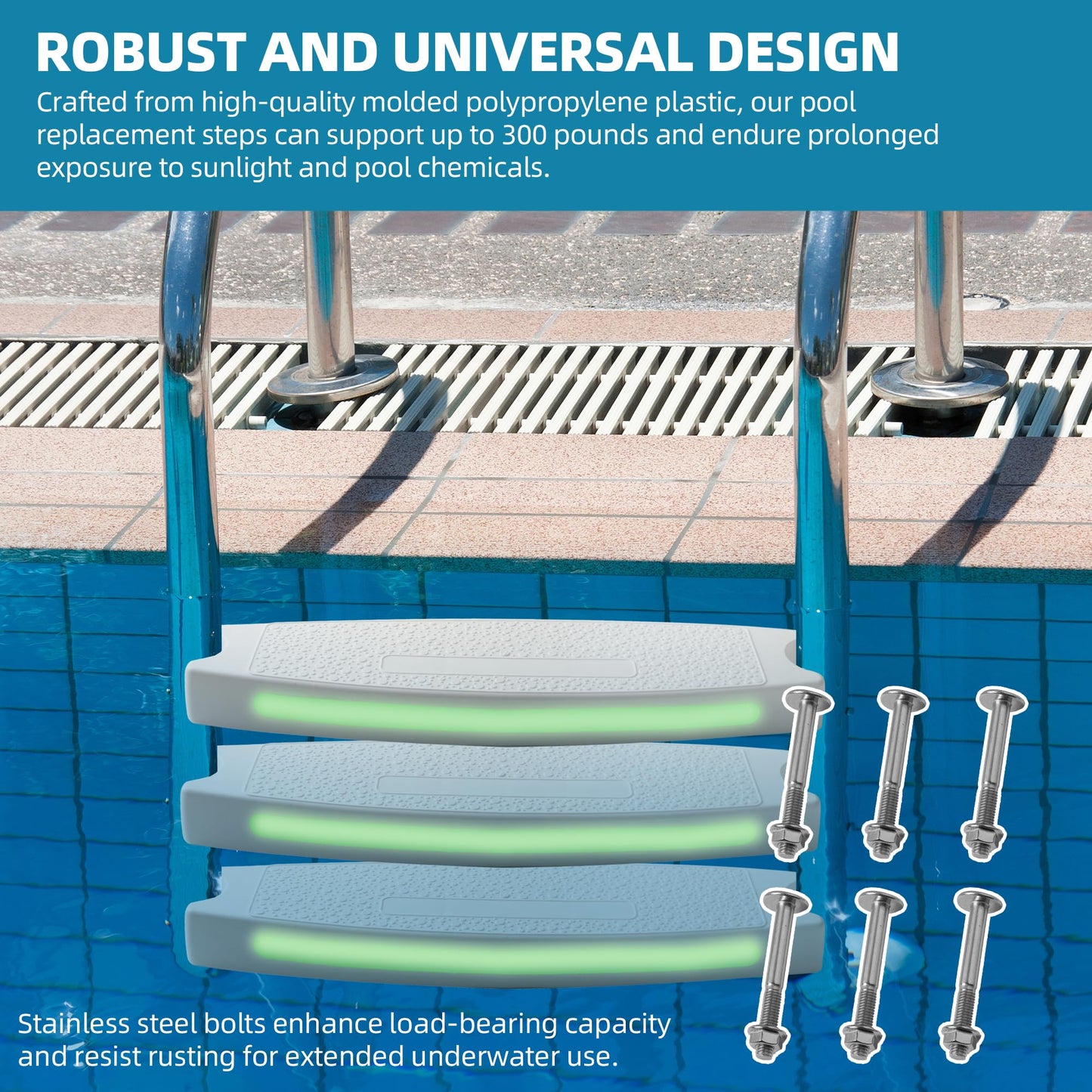 TonGass (3-Pack, White) 18" Universal Pool Ladder Step Replacement with Reflective Strip, Plastic Swimming Pool Ladder Rung Step with Stainless Steel Bolts for Inground Above Ground Pools