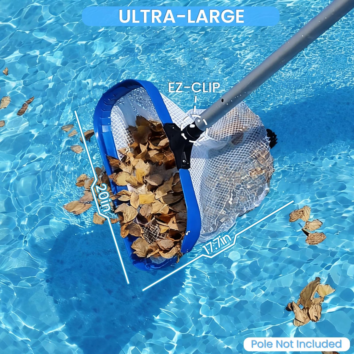 Poolvio 20" Pool Net Skimmer – Heavy Duty Leaf Net with Aluminum Frame with Diamond-Pattern Ultra-Fine Soft Mesh Bag – Pool Cleaning Net for Leaves, Sand, Pollen & Small Debris (No Pole)