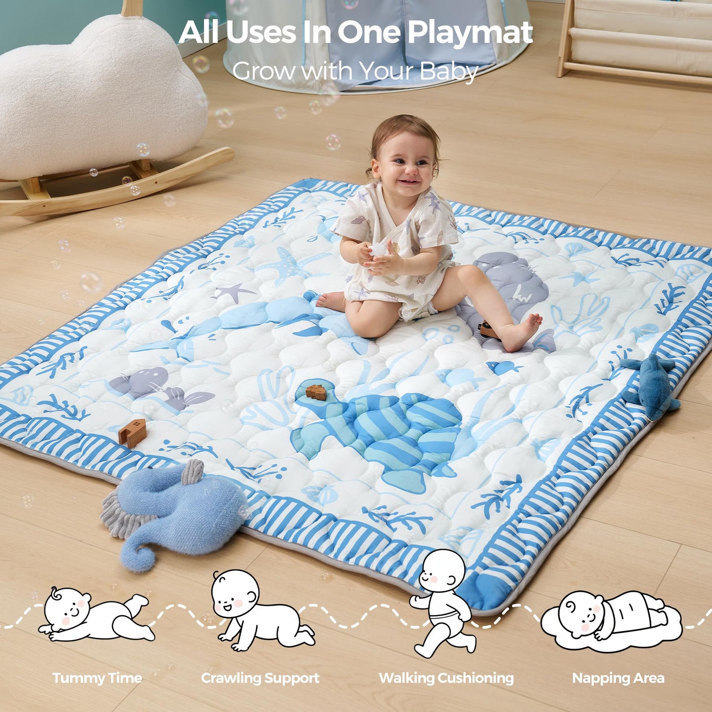 Momcozy Baby Play Mat for Floor, 50x50 Thickened Playpen Mat, Playmate for Baby Tummy Time, Waterproof & Non-Slip, Foldable Outdoor Mat with Carrying Handle, Ocean Theam