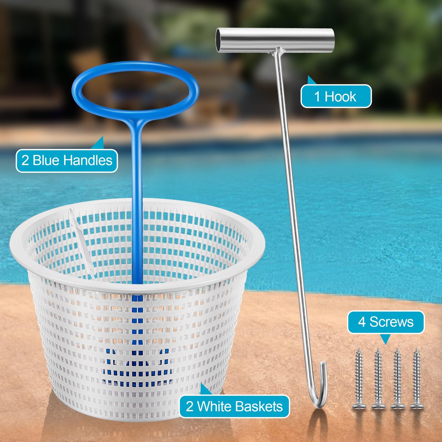 2 Set 8" Pool Skimmer Basket for Inground Pool with 2 Skimmer Baskets Handle and 1 Stainless Steel Hook, White Universal Pools Filter Basket Skimmers for Debris Removal, Keep Hands Clean