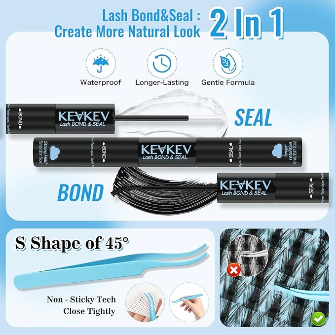 KEVKEV Lash Clusters Kit 144pcs Lashes Clusters 8-18mm Lash Extension Kit Thin Band Eyelash Extension Kit Lash Clusters with Lash Bond and Seal Lash Tweezers DIY Lash At Home(Kit-K01)