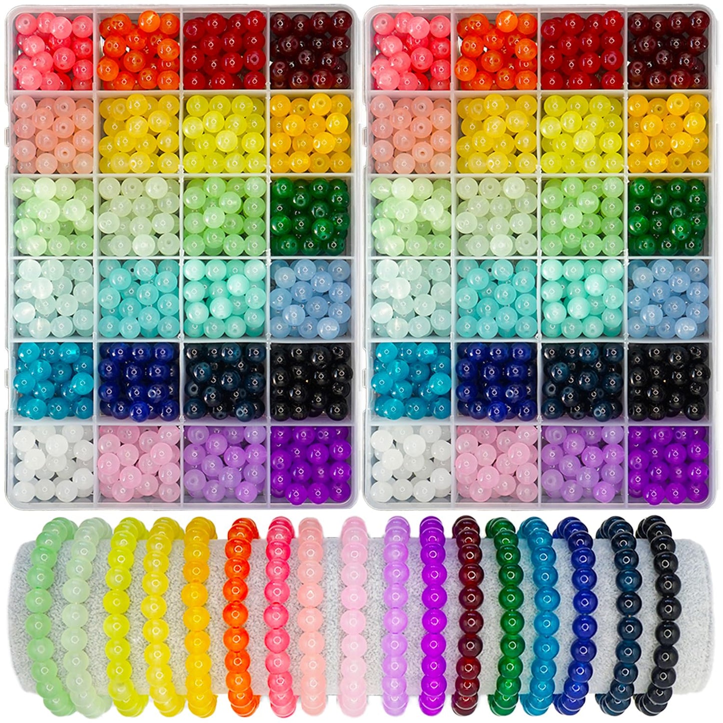 1200PCS 8mm Glass Beads for Jewelry Making, 24 Colors Crystal Beads Bracelets Making Kit, 2 Box Round Beads Suitable for Beginners