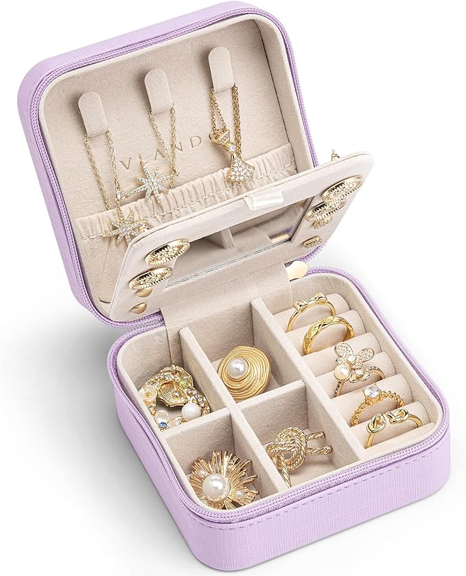 VLANDO Small Travel Jewelry Box Organizer - Girls Women Gift Rings Earrings Necklaces Jewelry Storage Display Case with Mirror Purple