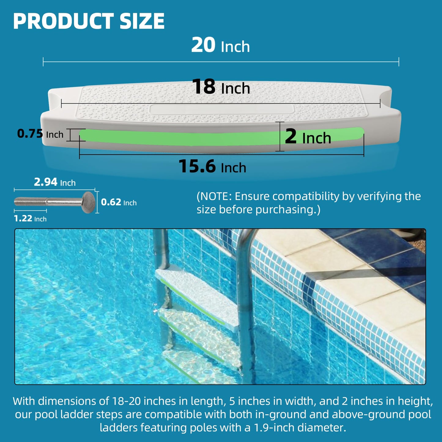 TonGass (3-Pack, White) 18" Universal Pool Ladder Step Replacement with Reflective Strip, Plastic Swimming Pool Ladder Rung Step with Stainless Steel Bolts for Inground Above Ground Pools