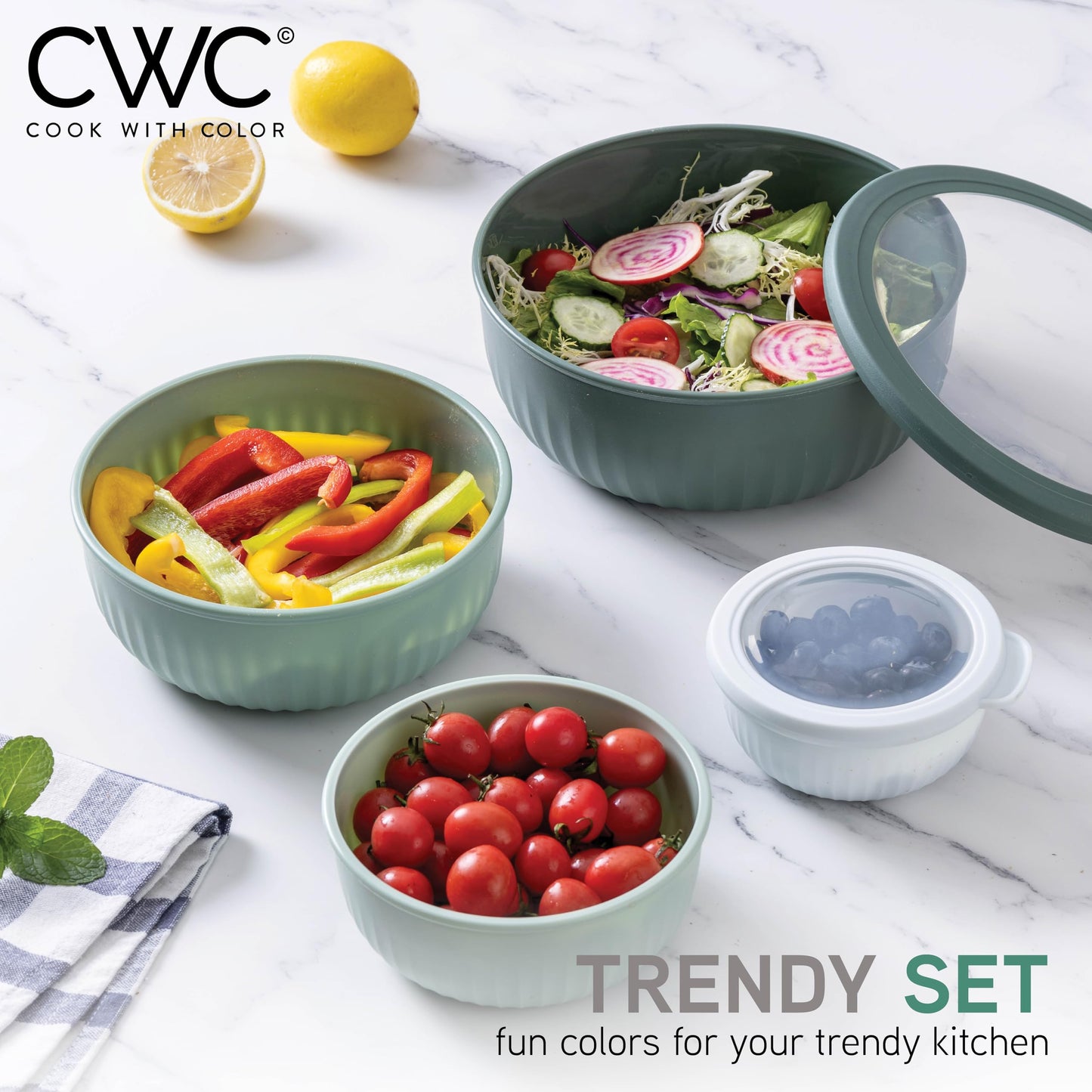 COOK WITH COLOR Prep Bowls with Lids- Wide and Deep Nesting Plastic Small Mixing Bowl Set with Lids, 8 Piece Set - Wide Bowls, Sage