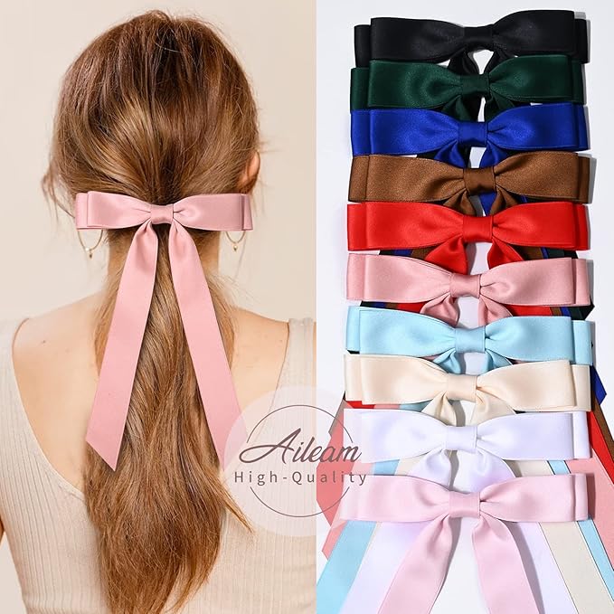 10PCS Silky Satin Hair Bows Hair Clip Ribbon Accessories Ponytail Holder Slides Metal Clips French Barrette Hair Bow for Women Girls Toddlers Teens Kids