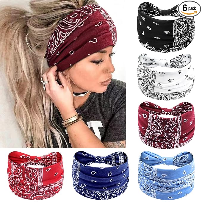 Awumbuk Wide Headbands for Women Knotted No Slip Head Bands Soft Turban Headband Hair Accessories Boho African Solid Color Head Wraps for Women Yoga Workout Pack of 6(Boho)