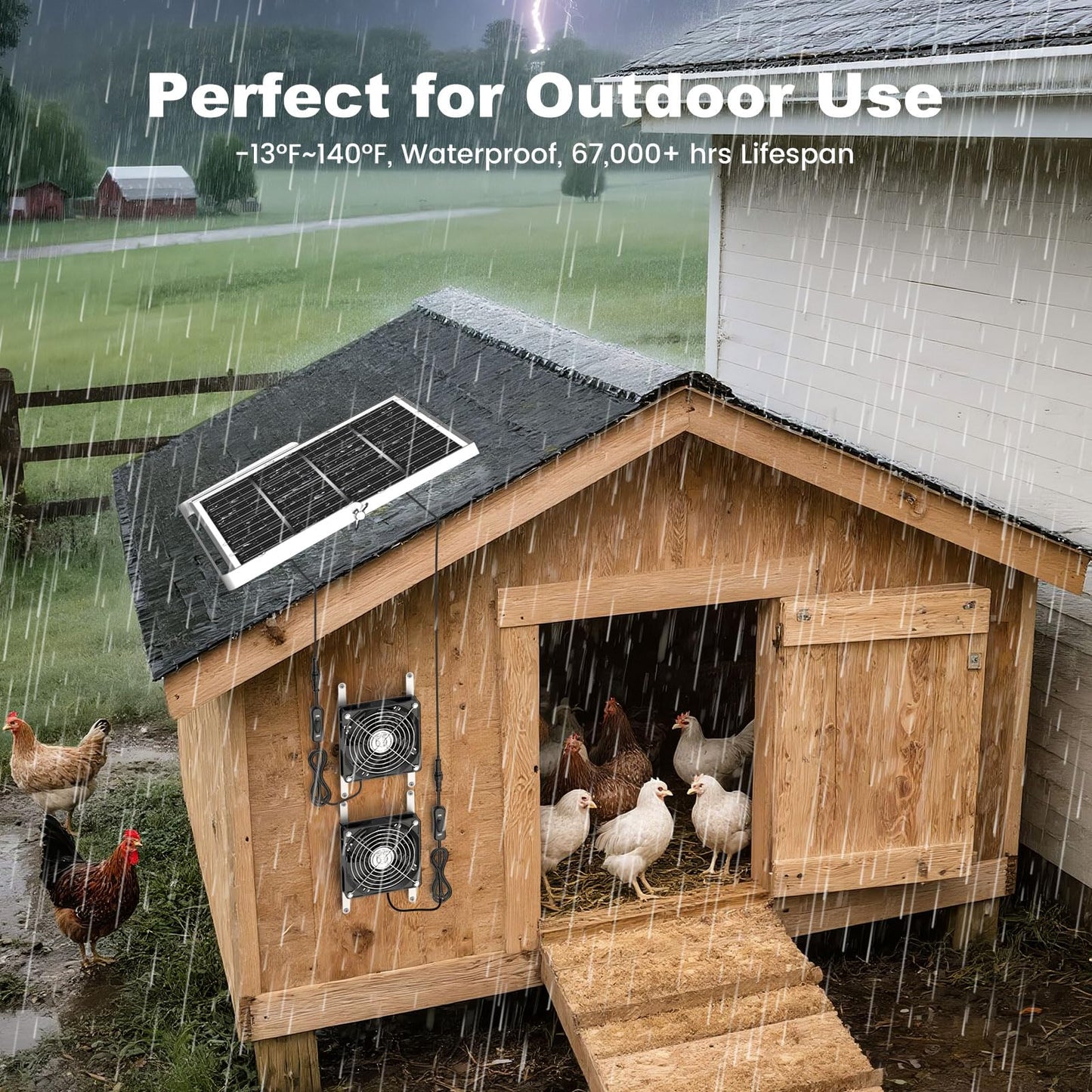 pqins 5.5'' Solar Greenhouse Fan 2 Kit, 30W Solar Powered Exhaust and Intake Chicken Coop Fan, Strong Airflow & Waterproof, 16.5 ft Cord, for Outdoor Shed Doghouse Air Circulation and Ventilation