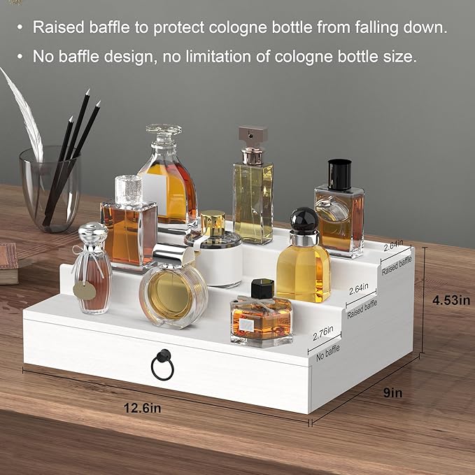 upcessory Cologne Organizer for Men, 3 Tier Wood Perfume Organizer with Felt Lining Drawer and Hidden Compartment, White Perfume Display Holder, A Gift for Men