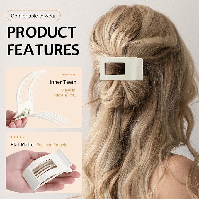 8 Pack Flat Hair Clips for Women – Sleek Non-Slip Claw Clips with Strong Hold, Minimalist Hair Accessories for Bridal, Office, or Everyday Wear (Glossy White)