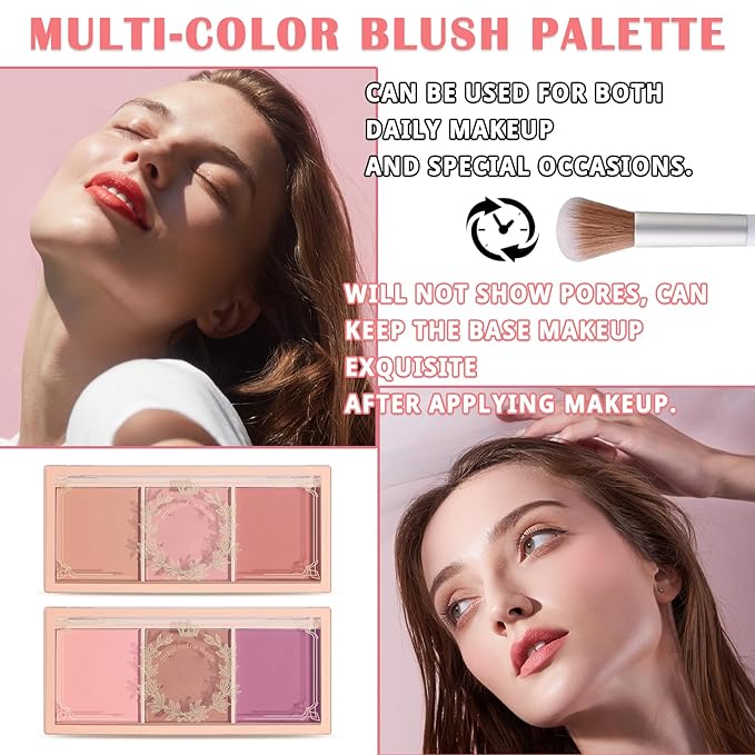 2Pcs 3 Colors Blush Palette for Cheeks with Make Up Brush,Face Matte Contour Blush Makeup Palette,Buildable Shimmer Facial Cheek Blusher Shades,Blendable Cosmetic Makeup Blush